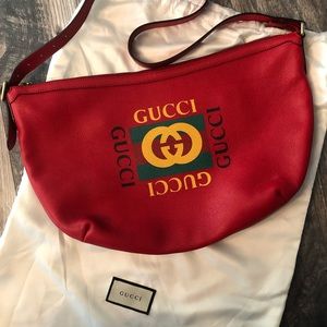 Gucci Large Grained Calfskin Logo Half Moon Hobo Bag Hibiscus Red with dust bag